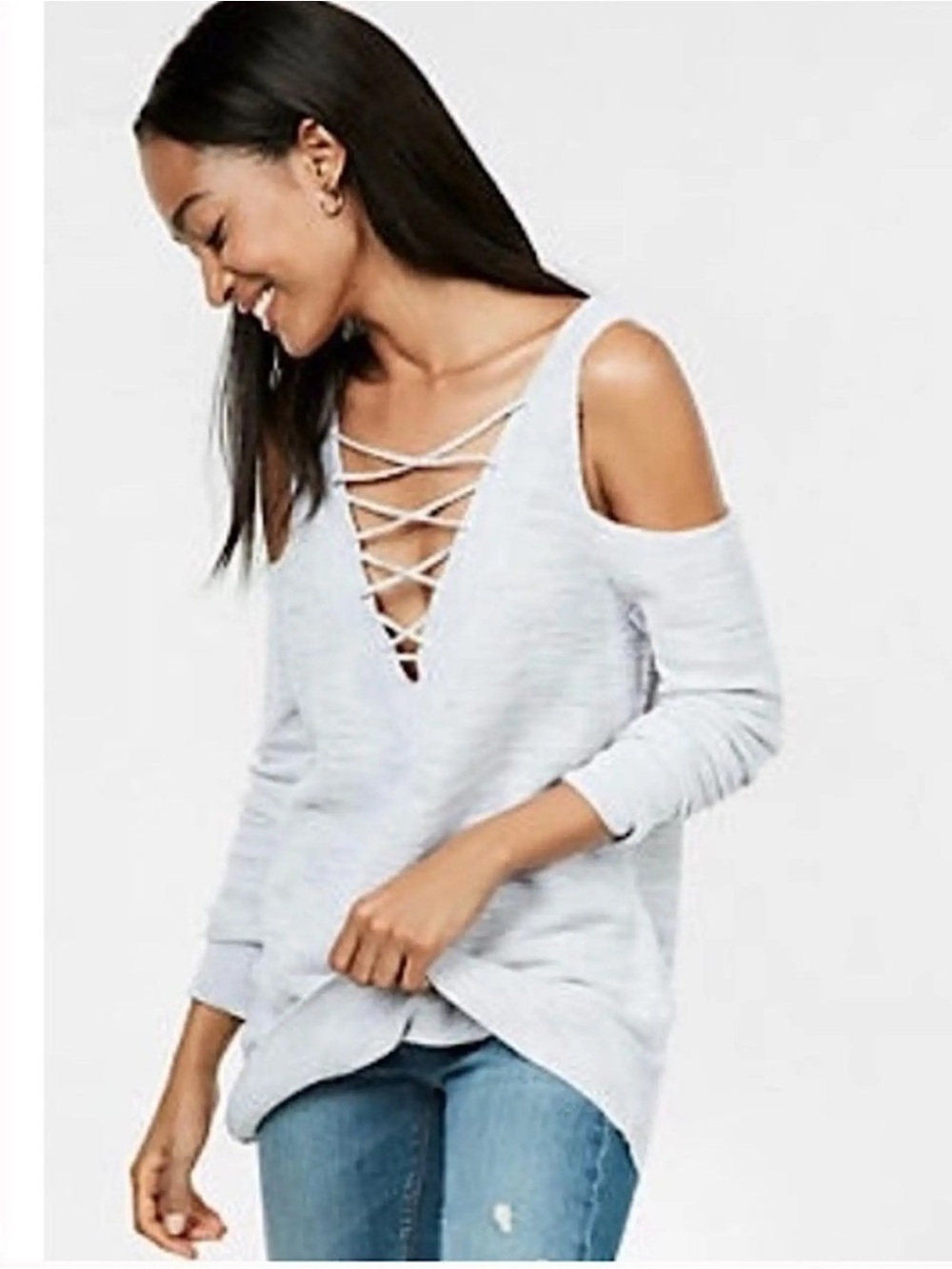 Express Lace-Up Cold-Shoulder V-Neck Sweater